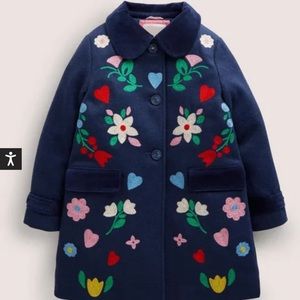 Mini Boden Navy Floral Embroidered Wool Coat 11/12